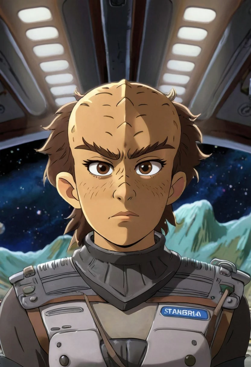 Studio Ghibli Style anime scene of an 18 year old female kling0n alien warrior, forehead ridges, light brown skin, nose ridges, large eyebrows, space station background, cleavage, leather armor