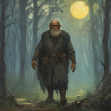 a wide path in the forest, along which three people were walking sedately. In the middle was a gray, shaggy old man with a long, unkempt beard and bushy eyebrows, he was walking, leaning on a crooked wooden stick. The old man's gaze was heavy, piercing. The entire composition seemed to be built around the old man, and the other two characters looked secondary. On the right was a woman with a pale, doll-like face, half hidden by a veil. The woman in the painting had an indifferent, almost bored look. She walked slightly to the side of her companions, not looking at them, but casting a glance somewhere into the dark thickets. On the left was a tall, broad-shouldered man in a suit with his head wrapped in canvas. Two full moons hung in the evening or morning sky. The painting creates a gloomy, repulsive impression. The trees were leafless. digital painting, Vintage Horror, detailxl