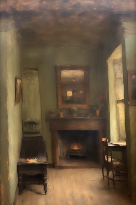 <lora:William Merritt Chase Style:1>William Merritt Chase Style - a painting of an interior of a house. in the tonalist style of George Inness with very loose, impressionistic brush strokes and hazy detail. A muted neutral color palette. antique 19th century oil on canvas.