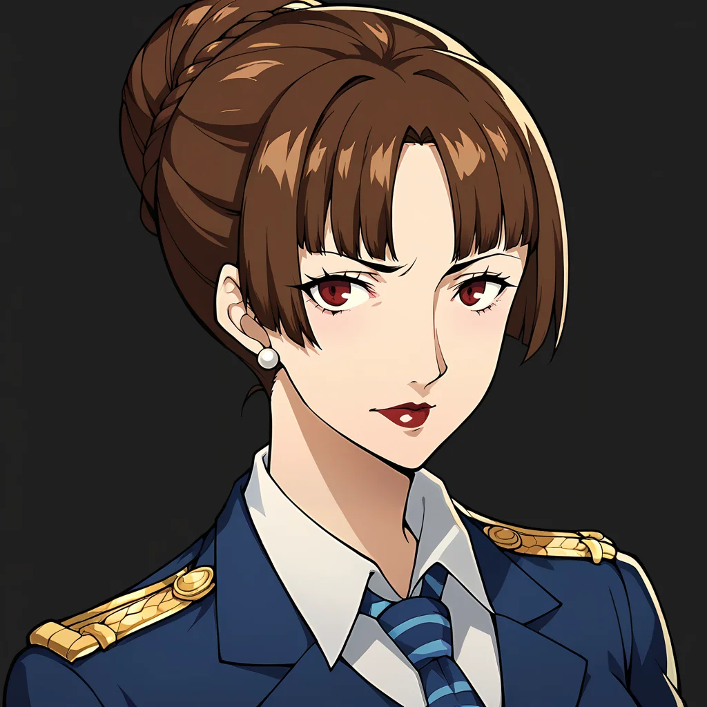 Score_9, score_8_up, score_7_up, source_anime, looking at viewer, cowboy shot,masterpiece, best quality, upper body, portrait,beautiful, black background, BREAK, Makoto Niijima, brown eyes, red eyes, (mature female, mature face, milf:1.3), white shirt, buttons, (formal blue suit, striped tie:1.3), pearl earrings, strict expression, <lora:Persona_5_Portrait_Style_Pony_upscaled:1>, BREAK, brown hair, bangs, (alternate hairstyle, hairbun:1.3), BREAK, formal police uniform, epaulettes, dark red lips