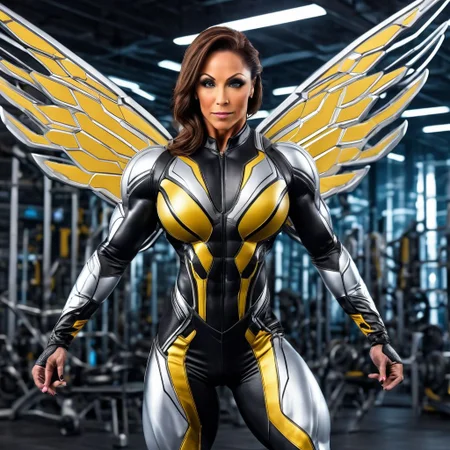 female bodybuilder Wasp (Nadia Pym), (biotech suit:1.5), muscular build, wings extended, detailed face, determined expression, futuristic lab background, shrinking and growing in action, shot from distance, detailed Avengers emblem, dynamic pose