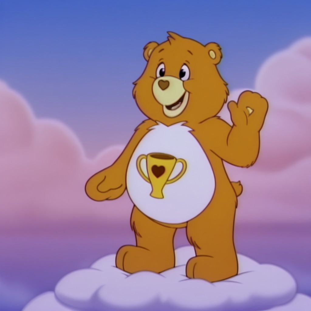 ,masterpiece, best quality, amazing quality,  champbearil, semi-anthro, male, bear_boy, yellow-orange fur, black eyes, tummy symbol, full body, solo, standing on a cloud, happy, waving