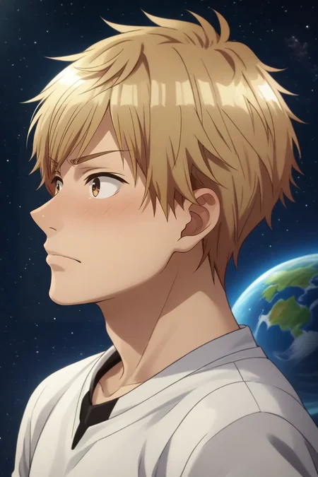 score_9, score_8_up, score_7_up, , rating_safe, , (photorealistic:0.6), , depth of field, 1boy, solo, male focus, <lora:shuuji_nakamura_pony:0.82>, shuuji_nakamura, blonde hair, brown eyes, short hair, profile, space, planets, day, sunny, (dynamic pose:1.2), embarrassed, nose blush, , <lora:sdxl_lightning_8step_lora:1>