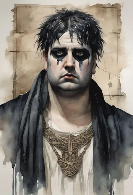 a depressed man wearing a toga, ((with long black gothic emo hair and makeup and black lipstick)), ((wearing a spikey collar on the neck))