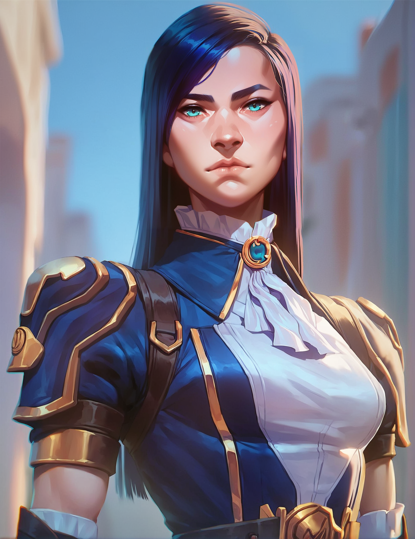 score_9, score_8_up, score_7_up,score_9, score_8_up, score_7_up,cat_k, <lora:Caitlyn:0.75> ,1girl, blue hair, cat_k, long hair,  blue eyes, skinny,uniform,  asian,sleeves, gloves, belt,  looking at viewer