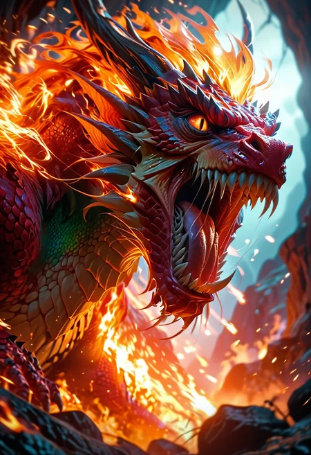 score_9, score_8_up, score_7_up, score_6_up, score_5_u, a fearsome dragon, k dragon opens mouth, dragon mouth has teeth, fire from dragon mouth, epic battle, , dark fantasy,, fire, scales, dramatic lighting, its light barely illuminating the surroundings, The atmosphere is heavy with tension the sea crashing violently against the rocks, the creature's immense size dwarfing the otherworldly beast, color palette is dark, deep blacks and greys, high contrast, ral-ertmsphr,