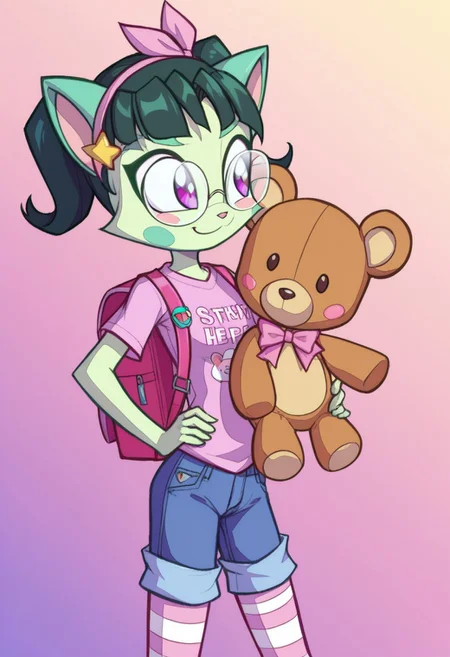 score_9, score_8_up, score_7_up, Dreamkeepers,lilith_calah, ,1girl,solo,black hair,animal ears,purple eyes,glasses,cat ears,white fur,animal nose,green hair, tail,
<lora:dreamkeepers_multipleCharacters:0.8>,
(cutecore, kawaiicore) (charinspo, character design) chicchai_style, kawaii,  short twintails, (jeweled eyes), blush stickers, smug, smug smile, >:3, cute little fang, hands on hips, (jojifuku), white and hot pink cute teddy bear graphic t-shirt, (clothes writing), kawaii blue and yellow text on shirt, pastel pink high-waisted (plaid print frilly ribboned miniskirt), hip ribbons, (pink ribbons on skirt), pink ruffles, white frills, white lace trim, light blue denim jacket, short ribboned sleeves, (hot pink bows attached to light blue denim short sleeves), bows, pink bows, blue bows, hair ribbons, hairband, ribbon hairband, teddy bear head-shaped hair ornament, cute pastel hairclips, red randoseru backpack, cute stuffed animal charms, teddy bear charm, (cute stuffed teddy bear charms attached to backpack), white and pastel pink striped thighhighs socks, neon pink sneakers, (cute pink hearts, cute yellow stars)