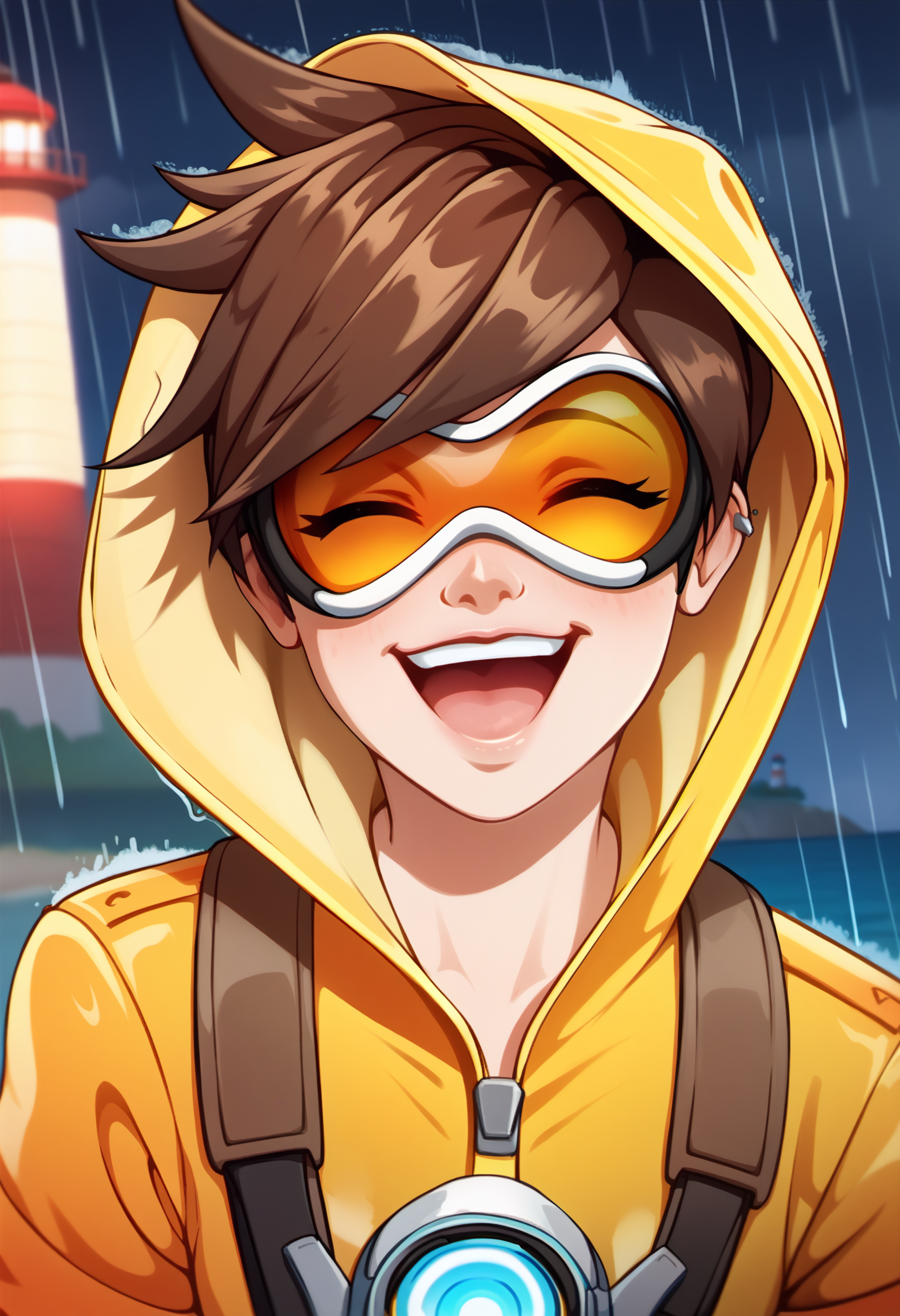score_9, score_7_up <lora:neocoill-guy-PONY-DORAv1:1>, 1girl, solo, (tracer \(overwatch\)):0.8, raincoat, goggles, rain, depth of field, lighthouse, portrait, happy, excited, closed eyes, ocean