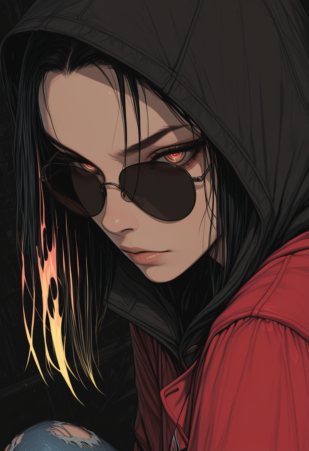 masterpiece,best quality,amazing quality,32k,ultra detailed, 1girl, black hair, yellow hair ends, skinny, athletic, blazer with hood, red blazer, hood on head, hands in blazer pocket, wide shoulders, round sunglasses, glowing sunglasses, black sunglasses, torn jeans, close up, dutch angle, from side, low angle shot, hero shot, neon flame conturing female body, abstract superhero sketch, volumentary, sinozick_illu, arsmjstyle, <lora:Sinozick_style:0.65> <lora:HyperdetailedColoredPencilIl:0.25>, <lora:illustriousXL_stabilizer_v1.23:0.35>,