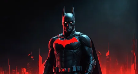 concept art of Cinematic Film stock footage in (arri alexa style) Kodak film print, <lora:Batman Beyond:1> Batman Beyond a man in a futuristic red costume standing in front of a black background, digital artwork, illustrative, painterly, matte painting, highly detailed