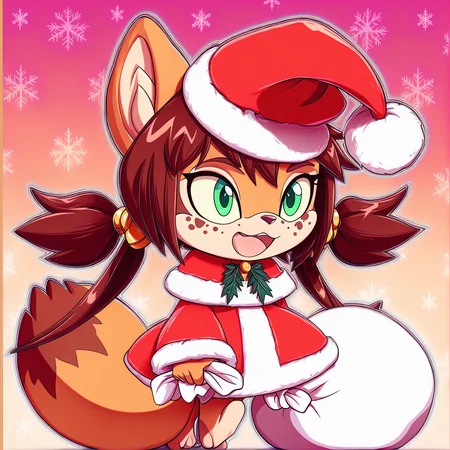 padoru <lora:padoru-IL-1.0:1>, masterpiece, perfect quality, best quality, anime coloring, Rocketgirl, 1girl, solo, animal ears, furry female, tail, brown hair, long hair, green eyes, bangs, freckles, brown fur, sidelocks, twintails, two-tone fur, christmas background <lora:Rocketgirl_v05:1>