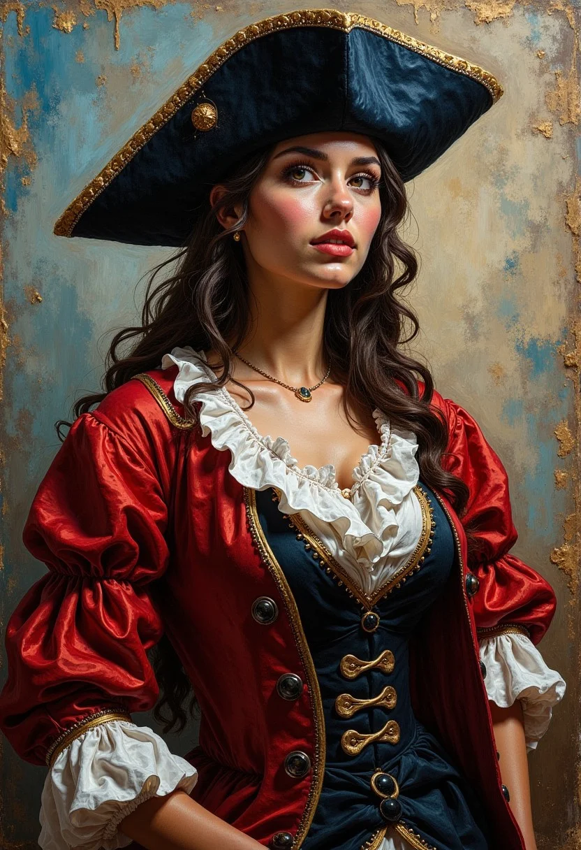 oil painting, rough, textural, broad brush strokes, of a stunning french woman in musketeer garb