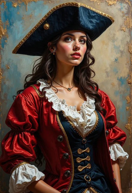 oil painting, rough, textural, broad brush strokes, of a stunning french woman in musketeer garb