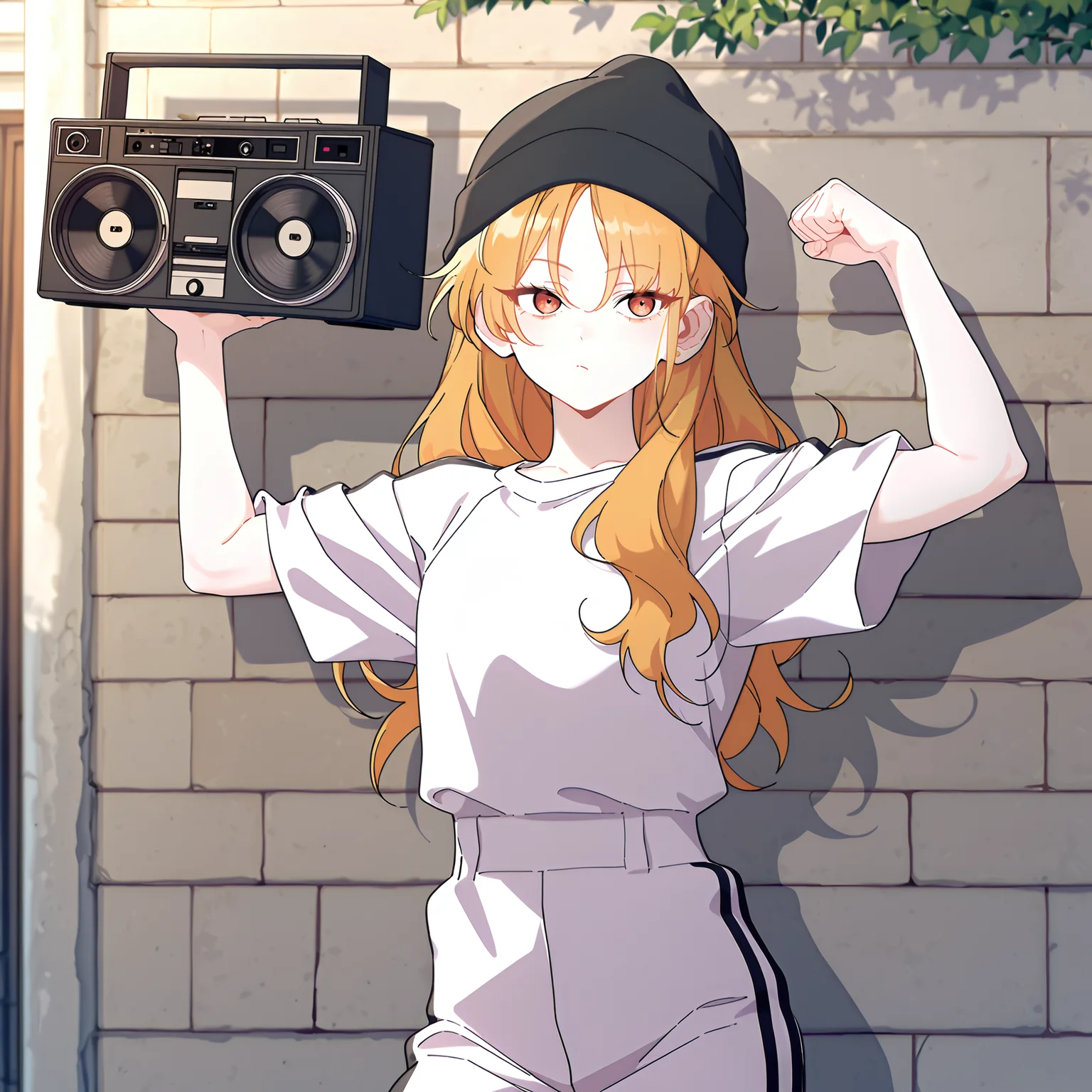 (masterpiece), (best quality), (ultra-detailed), (best illustration), (best shadow), (absurdres), (very aesthetic), 1girl, solo, <lora:Shuraina_West:1>, shushu, mahogany eyes, amber hair, long hair, black beanie, white tracksuit, black stripes, dynamic pose, holding boombox, yo, rapper, flexing, outdoors, urban alley