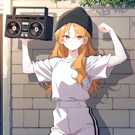 (masterpiece), (best quality), (ultra-detailed), (best illustration), (best shadow), (absurdres), (very aesthetic), 1girl, solo, <lora:Shuraina_West:1>, shushu, mahogany eyes, amber hair, long hair, black beanie, white tracksuit, black stripes, dynamic pose, holding boombox, yo, rapper, flexing, outdoors, urban alley