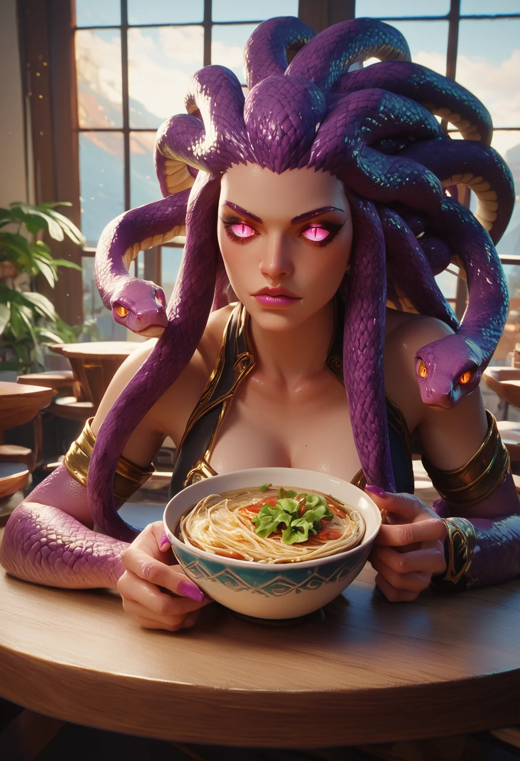 score_9, score_8_up, score_7_up,
monster girl, medusa, snake hair, beautiful eyes, bowl of ramen, leaning on a table, elbows resting on table, restaurant,
hkmagic, medmskoff