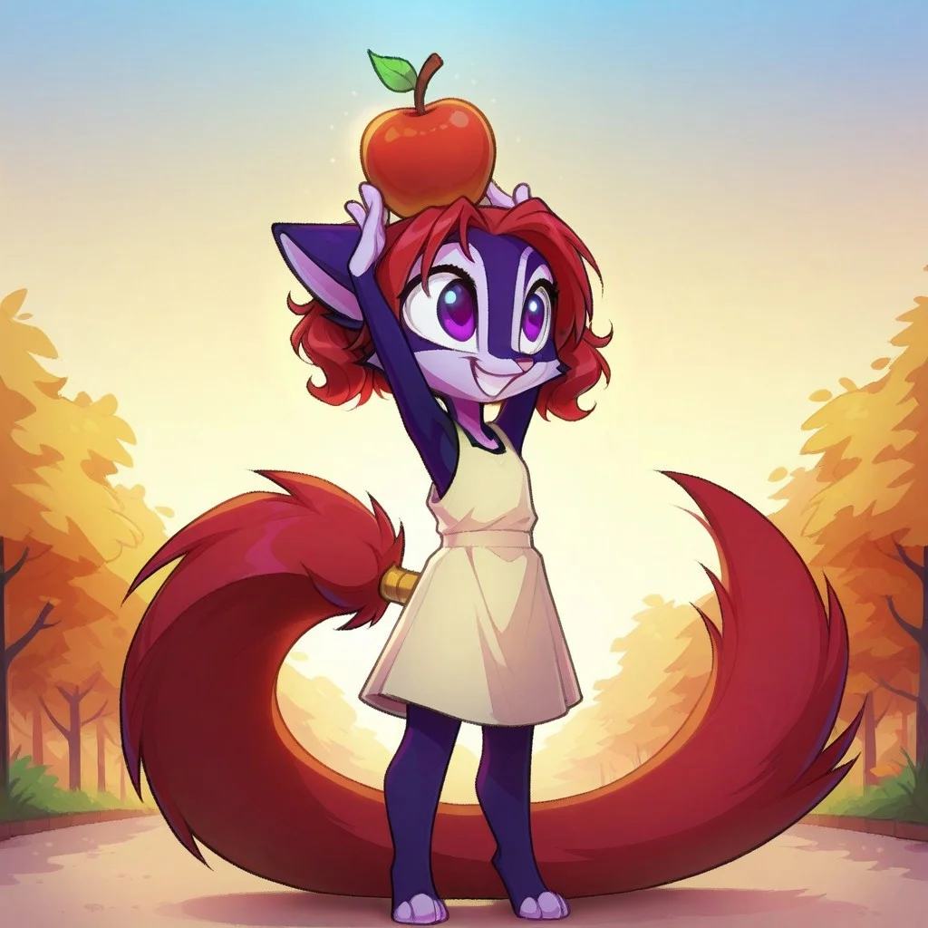 Dreamkeepers,Indi_and_Digo,1girl,solo,furry,tail,source_furry,,red hair,purple fur, purple eyes,
child, kid, 
balancing, apple, playful, smiling, cute, outdoors, warm colors, fluffy hair, bright sky, soft shading, standing under a bright blue sky, balancing an apple on her head with a playful grin. She wobbles slightly, trying her best not to let it fall.
