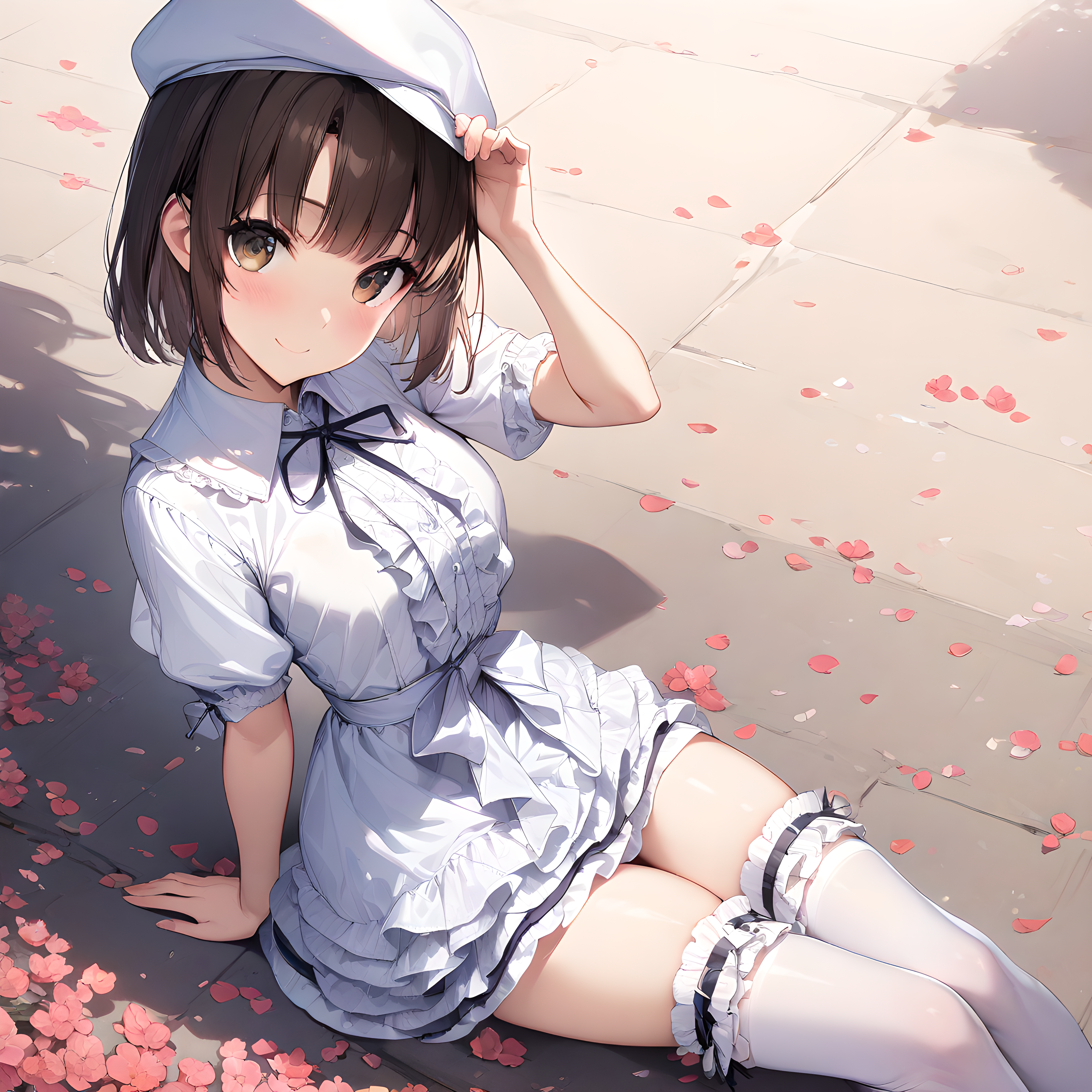 (masterpiece),(best quality),(ultra-detailed),(best illustration),(best shadow),(absurdres),(detailed background),(very aesthetic), megumi katou, 1girl, solo, bangs, thighhighs, hat, looking at viewer, brown eyes, simple background, white thighhighs, brown hair, smile, white headwear, petals, sitting, frills<lora:XL-MegumiKatouv2:1>