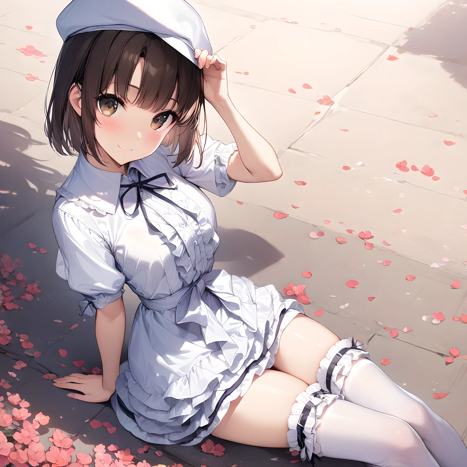 (masterpiece),(best quality),(ultra-detailed),(best illustration),(best shadow),(absurdres),(detailed background),(very aesthetic), megumi katou, 1girl, solo, bangs, thighhighs, hat, looking at viewer, brown eyes, simple background, white thighhighs, brown hair, smile, white headwear, petals, sitting, frills<lora:XL-MegumiKatouv2:1>