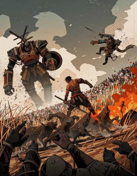 By Alex Vede. A dramatic digital illustration shoot from a low-angle perspective about a chaotic battle scene depicting a fierce battle between two giant robots and several smaller creatures. the scene is set against a backdrop of a chaotic battlefield with tall grasses and a large crowd of people in the distance. in the center of the image, a muscular, red-skinned samurai warrior is seen holding a sword and shield, positioned at the top of the scene. he is positioned in the middle, facing away from the viewer, with a determined expression on his face. to his left, a smaller, humanoid creature is seen jumping in the air, with its arms raised in triumph. to the right of the warrior, a group of wolf-like creatures are seen in the foreground, with their mouths open in a roar. the background is filled with flames and debris, adding to the intensity of the battle.
solo, 1boy, gloves, weapon, holding, sword, armor, multiple boys, weapon on back, holding weapon, standing, sword lift, armor on head, fighting, crowd, animal, holding sword, animal focus