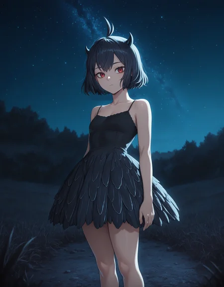 <lora:Secre Illu:1>1girl solo,
secr3, short hair, red eyes, black hair, black horns,
black sleeveless dress, short dress, spaghetti strap, feathered skirt,
standing, feet out of frame, looking at viewer, expressionless,
outdoors, star \(sky\), night,
<lora:cfg_scale_boost:1>, masterpiece, best quality, amazing quality