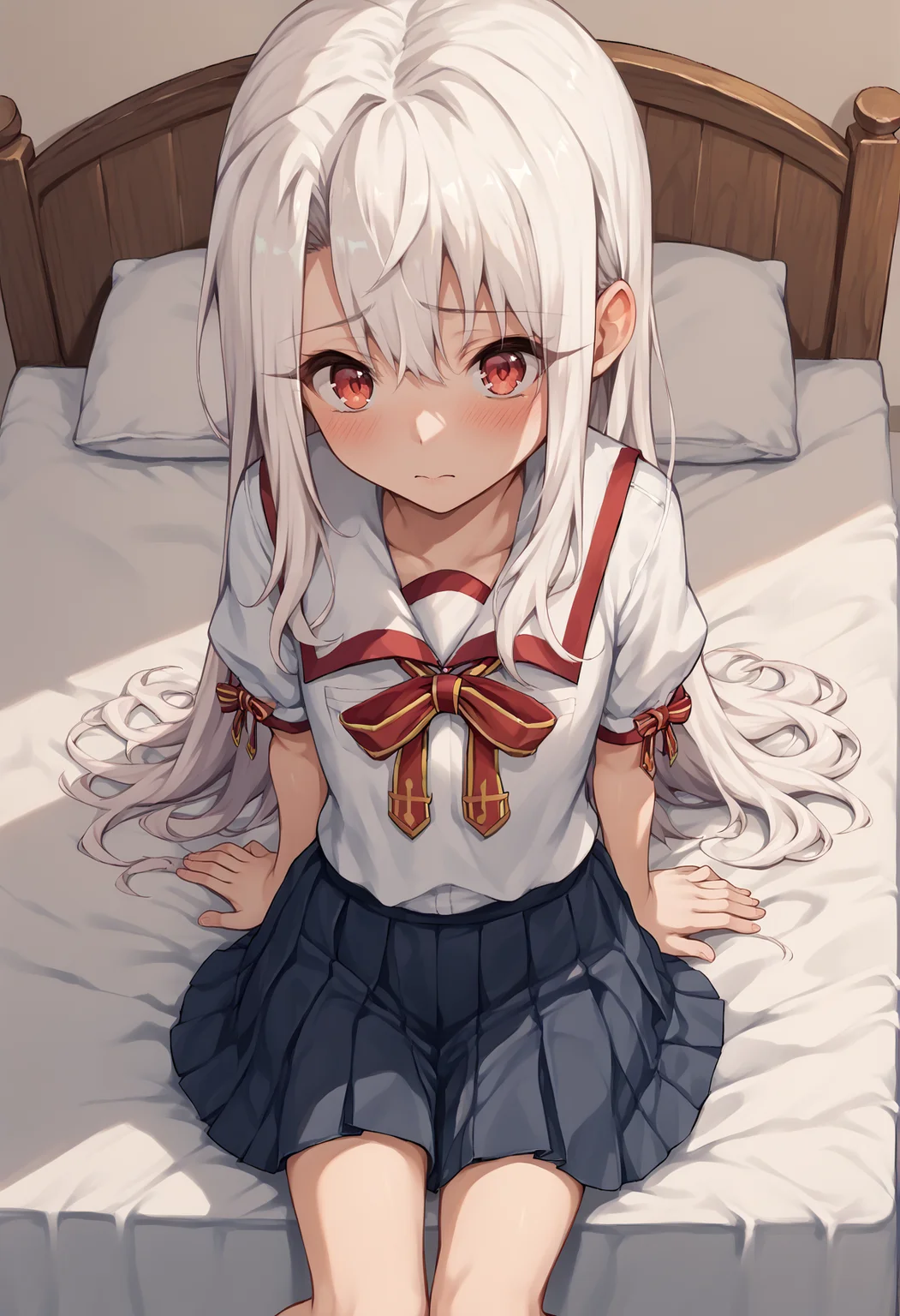 1girl, white hair, red eyes, long hair, neck ribbon, school uniform, short sleeves, skirt, shirt, infirmary, sitting, bed, blushing <lora:Illya_IQ2:1>  <lora:Kuro_XL:1>, score_9, score_8_up, score_7_up, score_6_up, score_5_up, score_4_up, BREAK source_anime, masterpiece