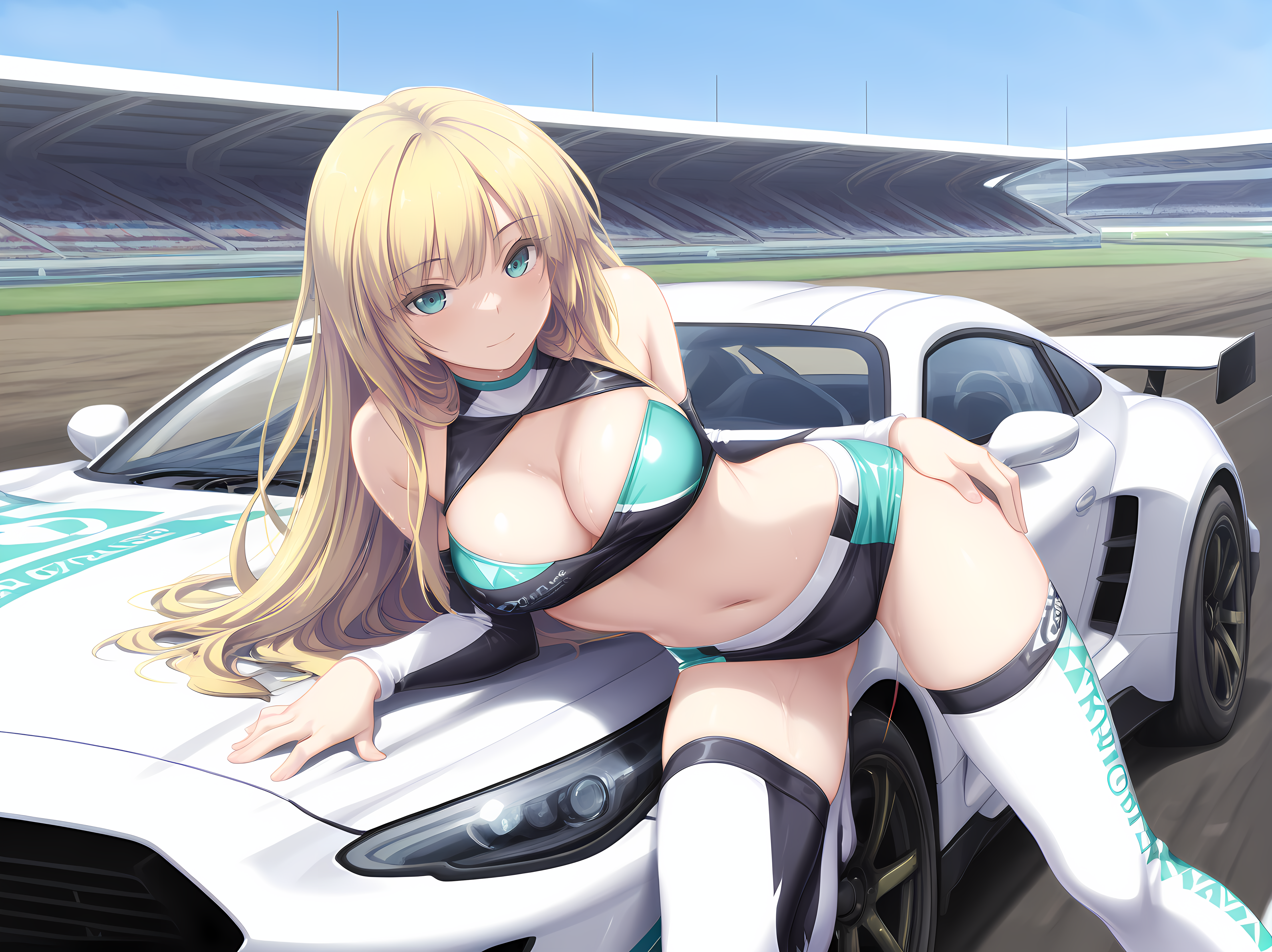 agnes,race queen,sports car,racetrack,blonde hair,aqua eyes,<lora:Agnes_-_Sankai_Ou_no_Yubiwa_Illustrious:1.1>,posing,arm support, leaning to the side, on car,, masterpiece,best quality,amazing quality,