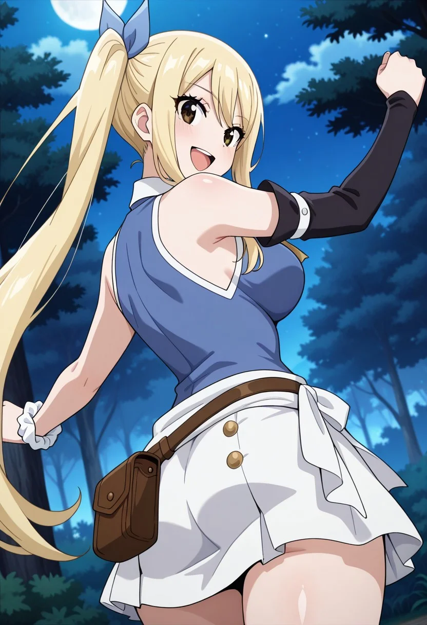 masterpiece, best quality, newest, anime screencap, 1girl, <lora:LucyHeartfiliaAvatartwo_Illu_Dwnsty:1>, lcyhrtavtrctwo, brown eyes, blonde hair, side ponytail, sidelocks, long hair, blue ribbon, hair ribbon, blue shirt, sleeveless shirt, collared shirt, yellow neck ribbon, scrunchie, single detached sleeve, black sleeve, white skirt, brown belt, belt pouch, white sash, perfect eyes, breast, shiny skin, expressive, smile, open mouth, looking at viewer, erotic pose, back view, forest, night, perfect anatomy