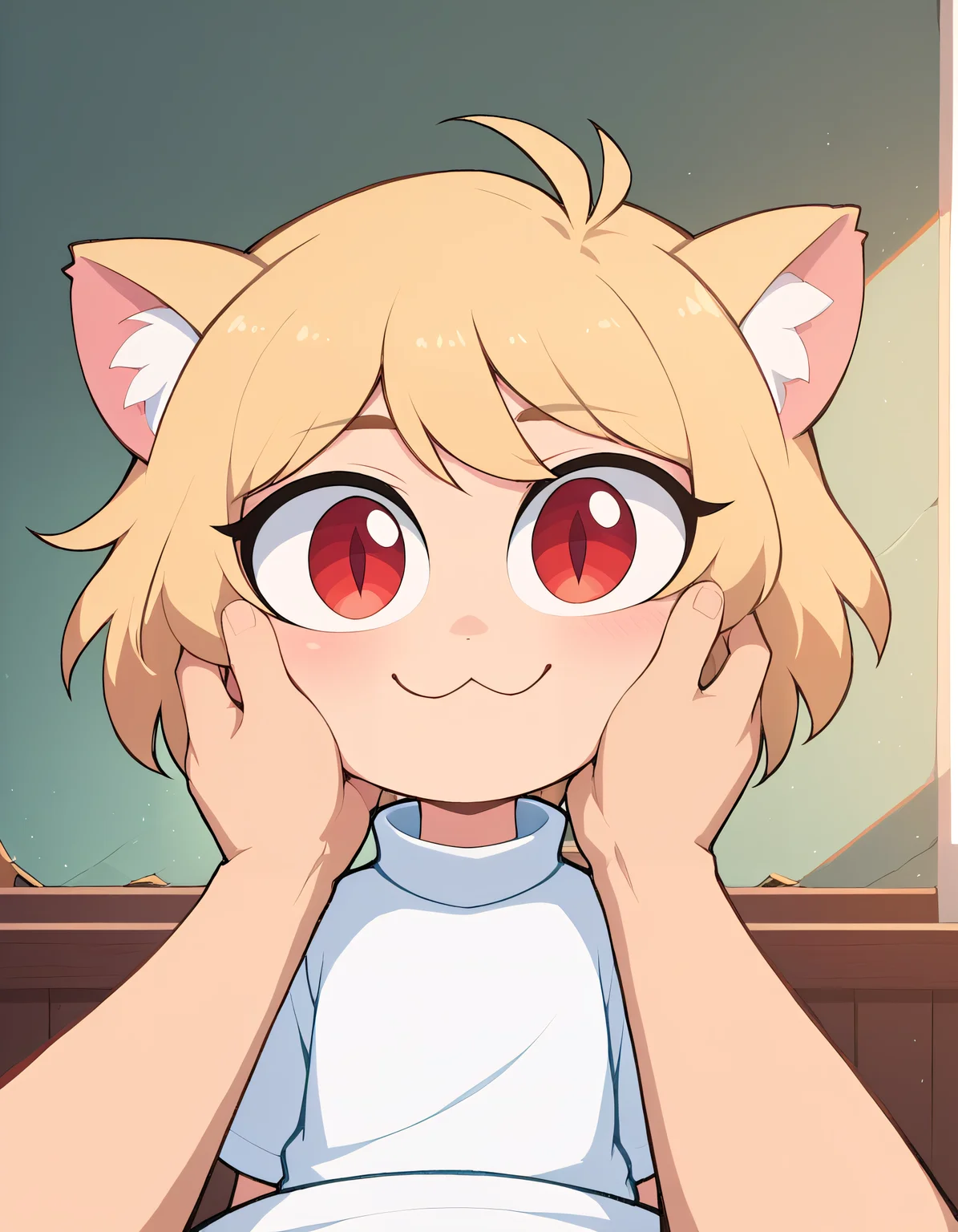 (Masterpiece:1.0), (High Detailed Skin:1.0), (High Detailed Eyes:1.0), (High Quality:1.0), (Detailed Background:1.2), score_9, score_8_up, score_8, source_anime, rating_safe, volumetric lighting, BREAK,1girl, 1boy, necoarc,blonde hair, red eyes, slit pupils, cat ears, :3, chibi,turtleneck, white shirt, cheek squash, hands on another's face, hands on another's cheeks, pov hands, pale hands, male hands, from above, close-up, indoors, house interior,,<lora:Styles\NoctFlatStyleV2.safetensors:0.9:0.9> <lora:Detailers\WowifierXL-V2.safetensors:0.7000000000000001:0.7000000000000001> <lora:Characters\princess_xl_v2.safetensors:0.9:0.9> <lora:Detailers\hand 4.safetensors:1.0:1.0> <lora:Characters\necoarc-guy-PONYv1_1.safetensors:0.8:0.8>,
