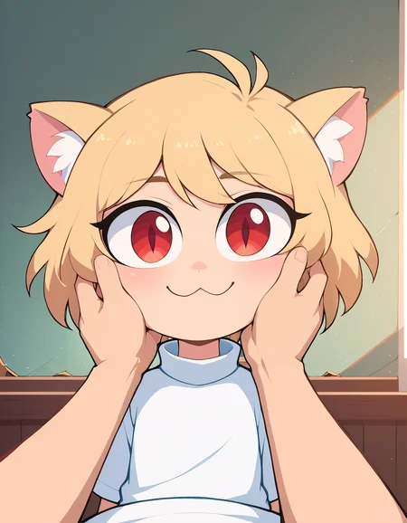 (Masterpiece:1.0), (High Detailed Skin:1.0), (High Detailed Eyes:1.0), (High Quality:1.0), (Detailed Background:1.2), score_9, score_8_up, score_8, source_anime, rating_safe, volumetric lighting, BREAK,1girl, 1boy, necoarc,blonde hair, red eyes, slit pupils, cat ears, :3, chibi,turtleneck, white shirt, cheek squash, hands on another's face, hands on another's cheeks, pov hands, pale hands, male hands, from above, close-up, indoors, house interior,,<lora:Styles\NoctFlatStyleV2.safetensors:0.9:0.9> <lora:Detailers\WowifierXL-V2.safetensors:0.7000000000000001:0.7000000000000001> <lora:Characters\princess_xl_v2.safetensors:0.9:0.9> <lora:Detailers\hand 4.safetensors:1.0:1.0> <lora:Characters\necoarc-guy-PONYv1_1.safetensors:0.8:0.8>,