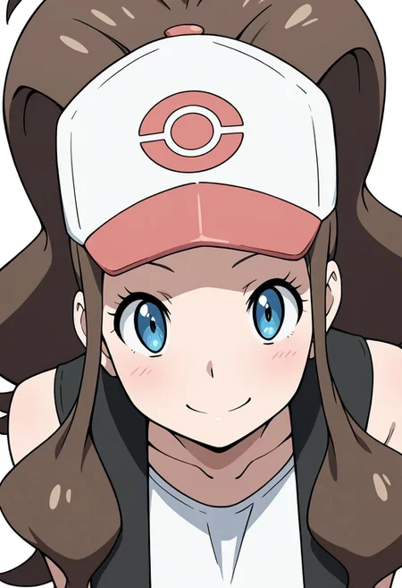 masterpiece, best quality, solo, curvy, beautiful eyes, girl, solo, smile, looking at viewer, dynamic pose, from below, (fisheye), foreshortening, close up,  (leaning forward, eye focus, anime screenshot, 
(upper body), white background,
zzHilda, blue eyes, long hair, high ponytail, sidelocks,   hat, white shirt, black vest, sleeveless,