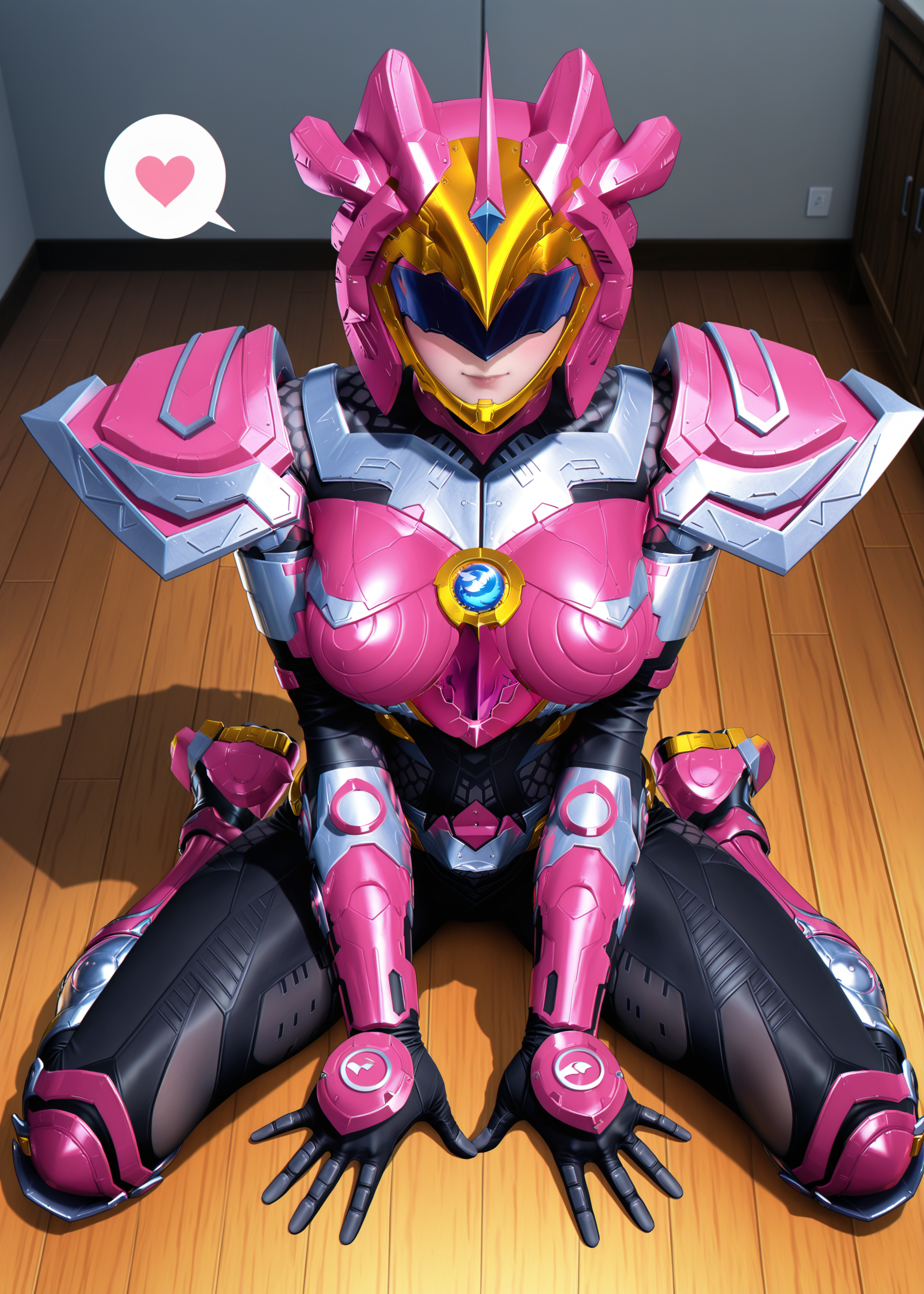 masterpiece, best quality, good quality, very aesthetic, absurdres, newest, 8K, anime screencap, detailed background, <lora:spo_sdxl_10ep_4k-data_lora_webui:1>, 
<lora:TIANYU_IL:1>, tianyu(ultra beast force), 1girl, solo, helmet, power armor, power boots, black bodysuit, medium breasts, chest jewel, tokusatsu, detailed body, <lora:handPatchUnet:1>, detailed_hands, elegant_fingers, (cute:1.2), (sexy:1.2), balanced figure, from above, full body, dynamic_angle, facing viewer, looking at viewer, spoken heart, sexy pose, arm support, spread legs, v arms, sitting on floor, indoors, wooden floor