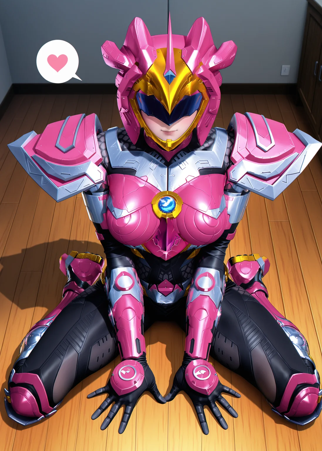 masterpiece, best quality, good quality, very aesthetic, absurdres, newest, 8K, anime screencap, detailed background, <lora:spo_sdxl_10ep_4k-data_lora_webui:1>, 
<lora:TIANYU_IL:1>, tianyu(ultra beast force), 1girl, solo, helmet, power armor, power boots, black bodysuit, medium breasts, chest jewel, tokusatsu, detailed body, <lora:handPatchUnet:1>, detailed_hands, elegant_fingers, (cute:1.2), (sexy:1.2), balanced figure, from above, full body, dynamic_angle, facing viewer, looking at viewer, spoken heart, sexy pose, arm support, spread legs, v arms, sitting on floor, indoors, wooden floor