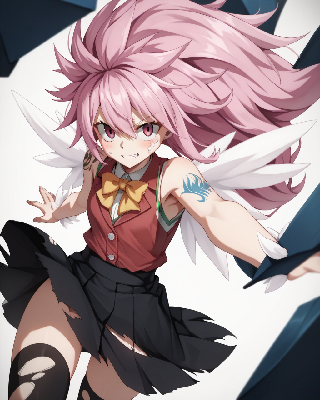 score_9, score_8_up, score_7_up, score_6_up, score_5_up, score_4_up, BREAK source_anime,
<lora:Wendy_Marvell_dragon_force_PONY:1>,Wendy Marvell, 1girl, solo, long hair,pink eyes, pink hair,spiked hair,torn clothes,White wings,thighhighs,tattoo,red jacket,black skirt,sleeveless,yellow bowtie,
