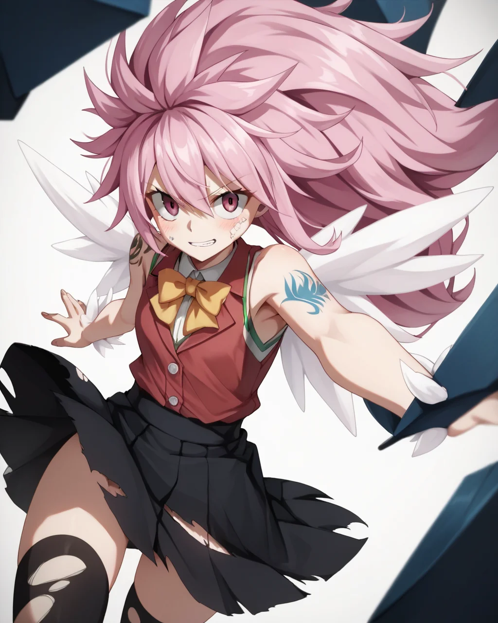 score_9, score_8_up, score_7_up, score_6_up, score_5_up, score_4_up, BREAK source_anime,
<lora:Wendy_Marvell_dragon_force_PONY:1>,Wendy Marvell, 1girl, solo, long hair,pink eyes, pink hair,spiked hair,torn clothes,White wings,thighhighs,tattoo,red jacket,black skirt,sleeveless,yellow bowtie,