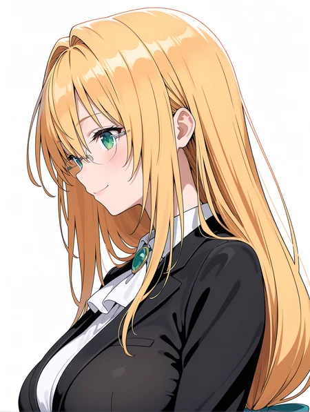 masterpiece,best quality,newest,
1girl,solo,
<lora:Tearju_ilxl_v1.1:1>,Tearju,blonde hair,green eyes,low-tied long hair,blue hair bow,t_glasses,rimless glasses,t_clothes,white collared shirt,black jacket,
<lora:Fixhands_anime_bdsqlsz_V1:1>,light_blush,looking_at_viewer,white_background,simple_background,smile,face_focus,standing,upper_body,profile,