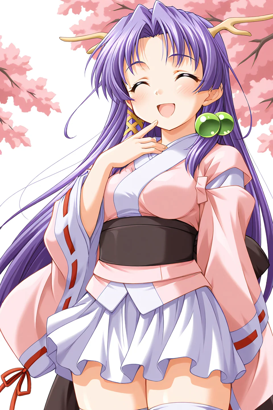 masterpiece, best quality, absurdres, official art, official style, general BREAK <lora:shizuna-torakapu_IL_v1-1:0.7>, shizuna, 1girl, solo, red eyes, purple hair, very long hair, parted bangs, hair intakes, sidelocks, hair bobbles, x hair ornament, medium breasts, dragon girl, dragon horns, japanese clothes, pink kimono, short kimono, long sleeves, wide sleeves, detached sleeves, red ribbon, ribbon-trimmed sleeves, obi, black sash, back bow, black bow, white skirt, miniskirt, pleated skirt, kimono skirt, zettai ryouiki, white thighhighs,
blush, ^o^, arm behind back, closed eyes, facing viewer, front view, hand to own mouth, hand up, happy, laughing, open mouth, standing