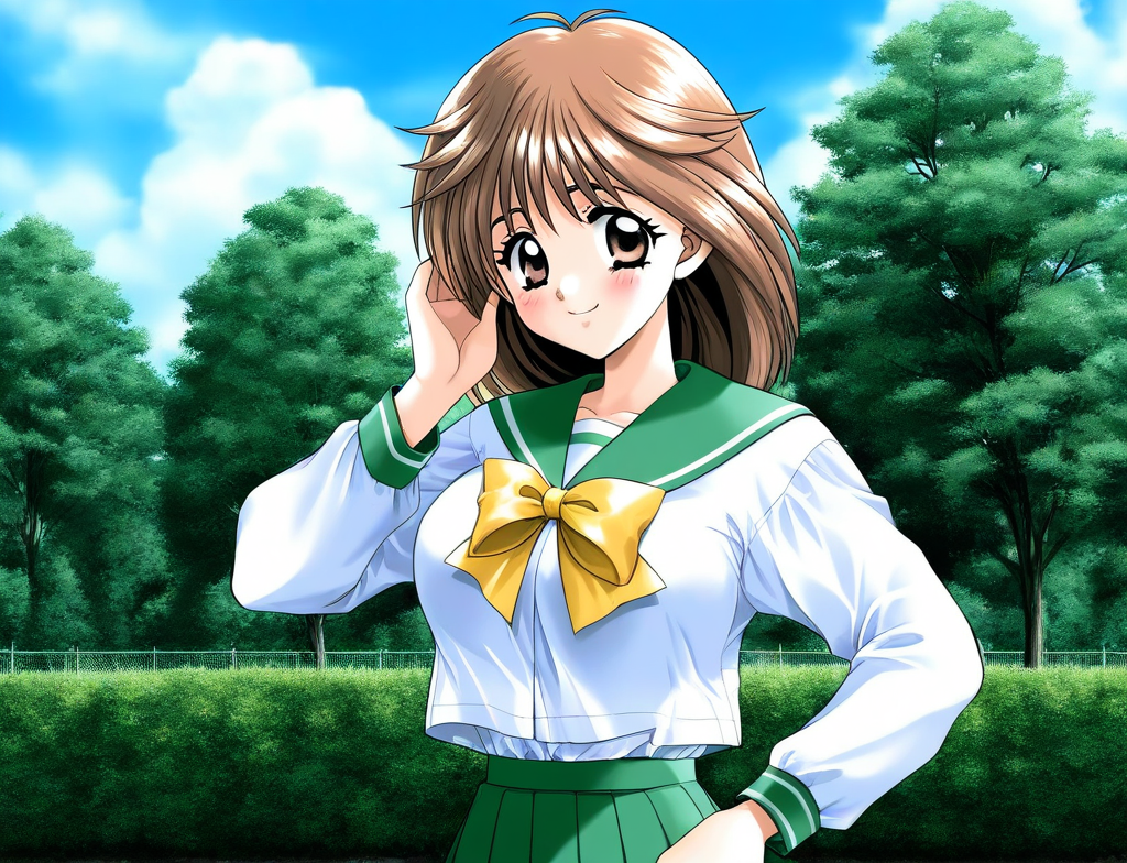 general,highres, ultra-detailed,very aesthetic,best quality ,best hands, BREAK <lora:Mochida_Mahoko_kakyuusei_Ver2.0_IS:1>
Mochida_Mahoko(kakyuusei), 1girl, solo, brown hair, brown eyes, medium hair, bangs, large breasts, 
white shirt, Yellow bow,
school uniform, outdoors, tree, serafuku, bow, blush, smile, day, 
long sleeves, looking at viewer, green skirt, sky, pleated skirt, upper body, hand on hip,