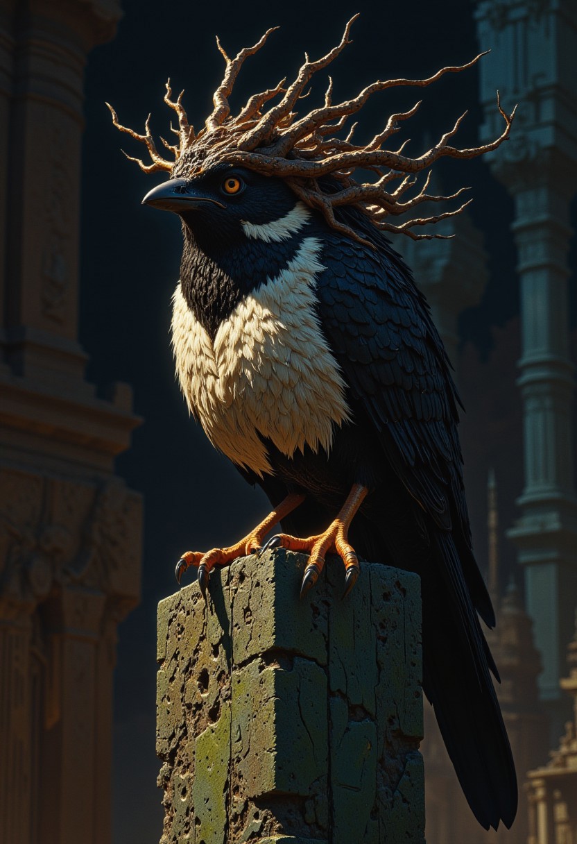 Queen Warbeak: A sparrow queen with a crown of twisted branches, feathers dusted with shimmering powder. She is perched regally atop an ancient rune stone, her darkly made-up eyes contrasting against light feathers, in the dim light of dusk.
, live action, in the style of an old 80's VHS dark fantasy, VHS screen grab, grainy, old footage, in the style of an old 80's VHS dark fantasy, VHS screen grab, grainy, old footage