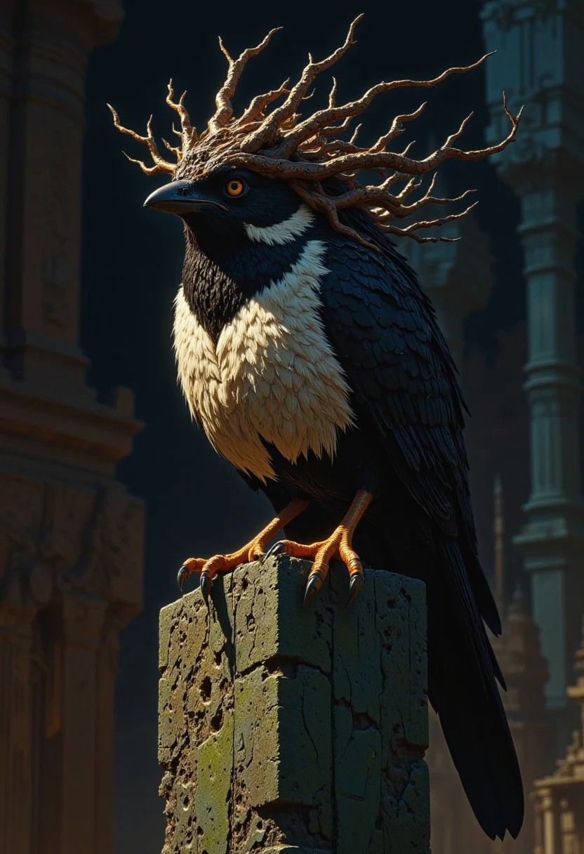 Queen Warbeak: A sparrow queen with a crown of twisted branches, feathers dusted with shimmering powder. She is perched regally atop an ancient rune stone, her darkly made-up eyes contrasting against light feathers, in the dim light of dusk.
, live action, in the style of an old 80's VHS dark fantasy, VHS screen grab, grainy, old footage, in the style of an old 80's VHS dark fantasy, VHS screen grab, grainy, old footage