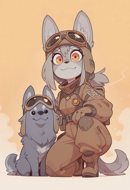 1 girl , 1 dog , dog girl , (shortstacks:1.3) , Aviator Cap , pilot goggles , pilot jacket , dog anthro , grey fur , looking at viewer , saluting , on one knee , one knee up , 
masterpiece ,best quality ,amazing quality, Flatline, Flat vector illustration, rapscallionstyle ,huffslove ,S4bit4mago_illu ,