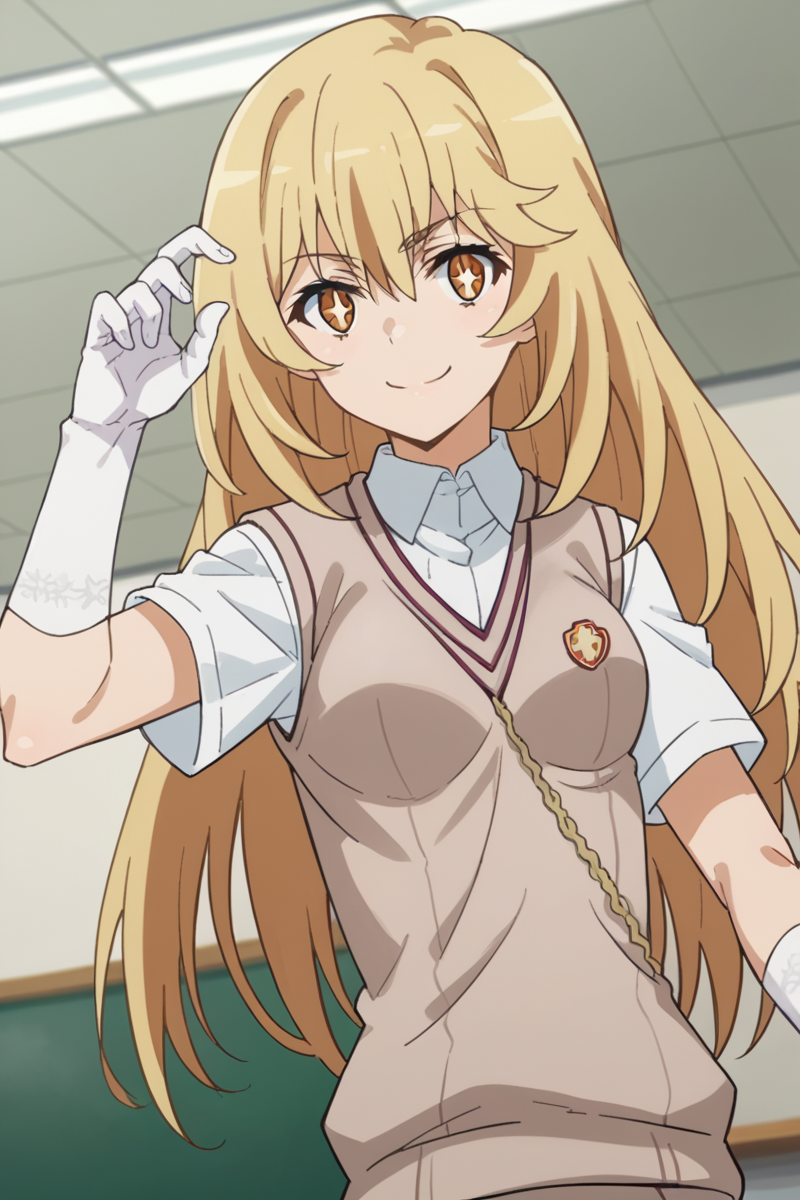 score_9, score_8_up, score_7_up, source_anime,
misakishokuhou, <lora:misaki-shokuhou-s3-ponyxl-lora-nochekaiser:1>,
misaki shokuhou, blonde hair, hair between eyes, long hair, symbol-shaped pupils, yellow eyes, smile,
elbow gloves, gloves, school uniform, short sleeves, summer uniform, sweater vest, tokiwadai school uniform, white gloves, (light brown sweater vest:1.2),
indoors, classroom,
looking at viewer, cowboy shot, dutch angle, dynamic pose,