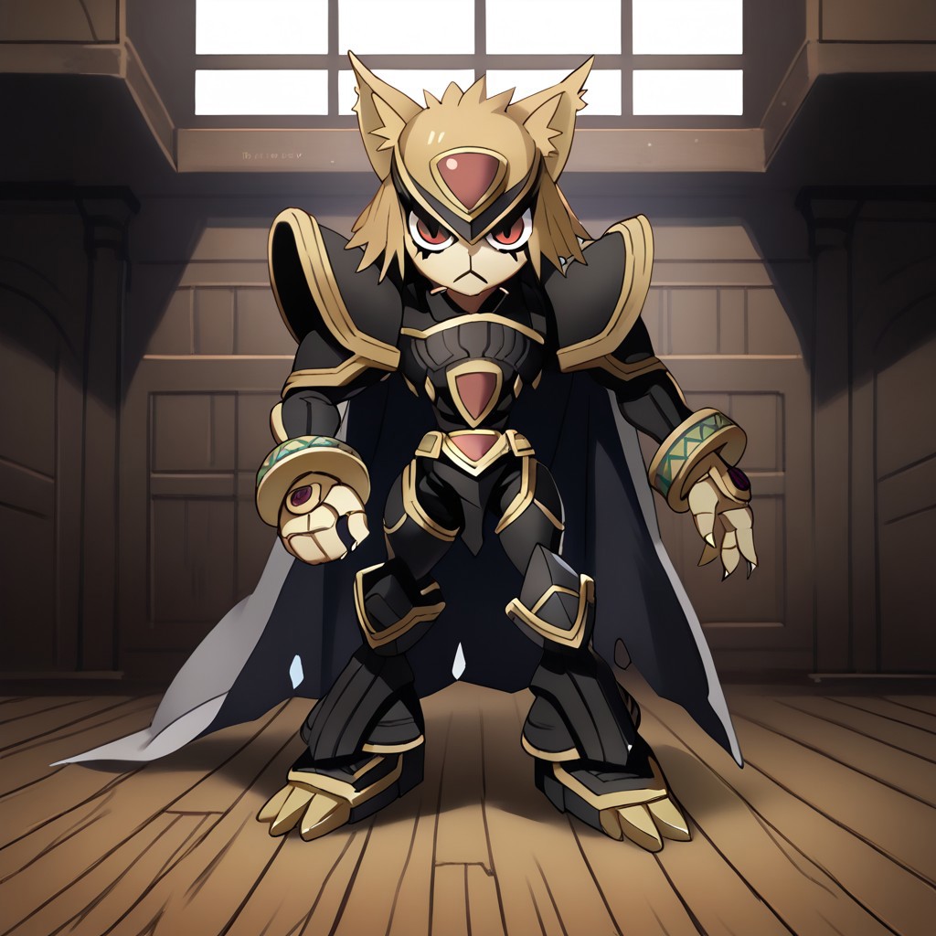 score_9, score_8_up, score_7_up, score_6_up, score_5_up, score_4_up,rating_safe,source_anime,jojo,1girl,solo,necoarc,blonde hair, red eyes, slit pupils, cat ears, :3, chibi,alphamon,cape,full body,dynamic pose,indoors