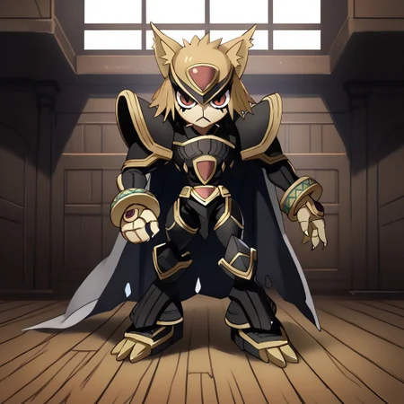 score_9, score_8_up, score_7_up, score_6_up, score_5_up, score_4_up,rating_safe,source_anime,jojo,1girl,solo,necoarc,blonde hair, red eyes, slit pupils, cat ears, :3, chibi,alphamon,cape,full body,dynamic pose,indoors
