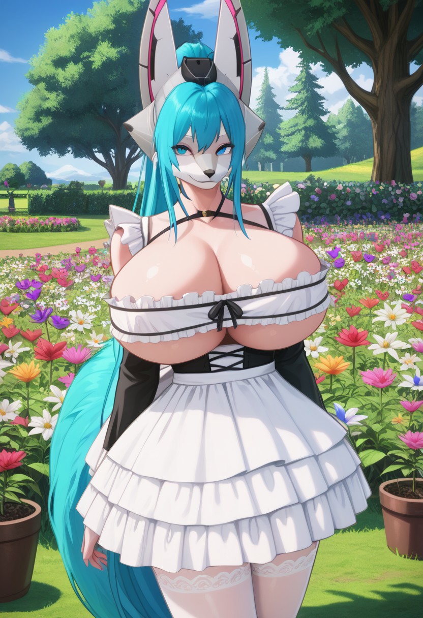 score_10 , score_9_up, score_8_up, score_7_up , score_6_up, vibrant colors, shiny_skin , prefect lighting, detailed image, snoozing , masterpiece , best quality , highly detailed , ultra quality , BREAK ,
 1girl , solo ,, Mistcat , furry female , long ponytail blue hair , fox tail  ,, huge breasts , curvy ,  thicc , cute ,, detailed face , bedroom eyes , smiling , jewelry ,, maid outfit , 
looking at viewer, detailed background , indoors , garden , flower field , flower pots , plant pots , tree , cinematic composition , dynamic pose ,