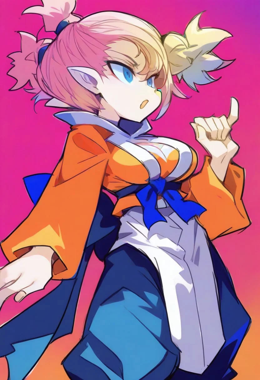 , fghtmstrssxl,twintails,blue eyes,pink hair,short hair,pointy ears,, cleavage cutout,orange shirt with long sleeves,blue pants,long white shirt,blue ribbon,long white pelvic curtain, ,bow,,<lora:FightMistressXL:0.9>,