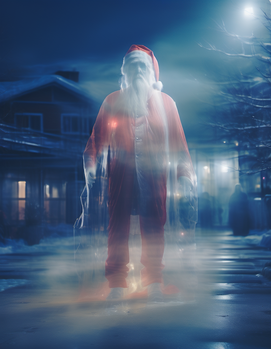 a photo of transparent ghost Santa Claus at night with a snowy landscape background wearing red transparent clothes,  cinematic,  intricate,  high quality,  4k