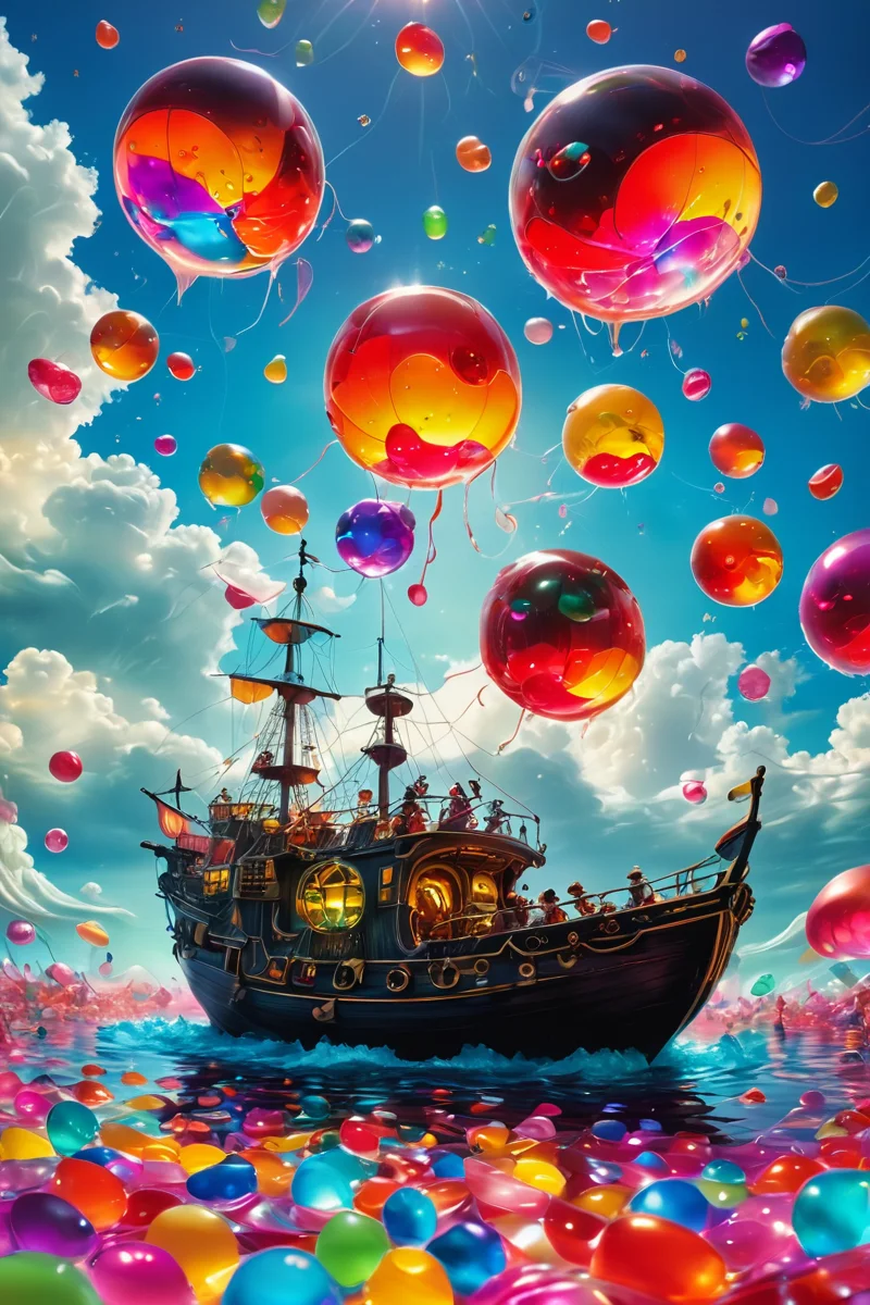 Pirates sailing through a sky filled with giant floating jelly beans and disco balls. <lora:extremely_detailed:1> <lora:SDXLFaeTastic2400:1>