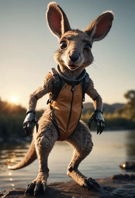 Describe the adorable, fluffy wooly cyborg kangaroo in the midst of preparing to leap over a river with its enhanced cyborg legs. Capture the essence of its cuteness and the anticipation of the impending jump in your response.