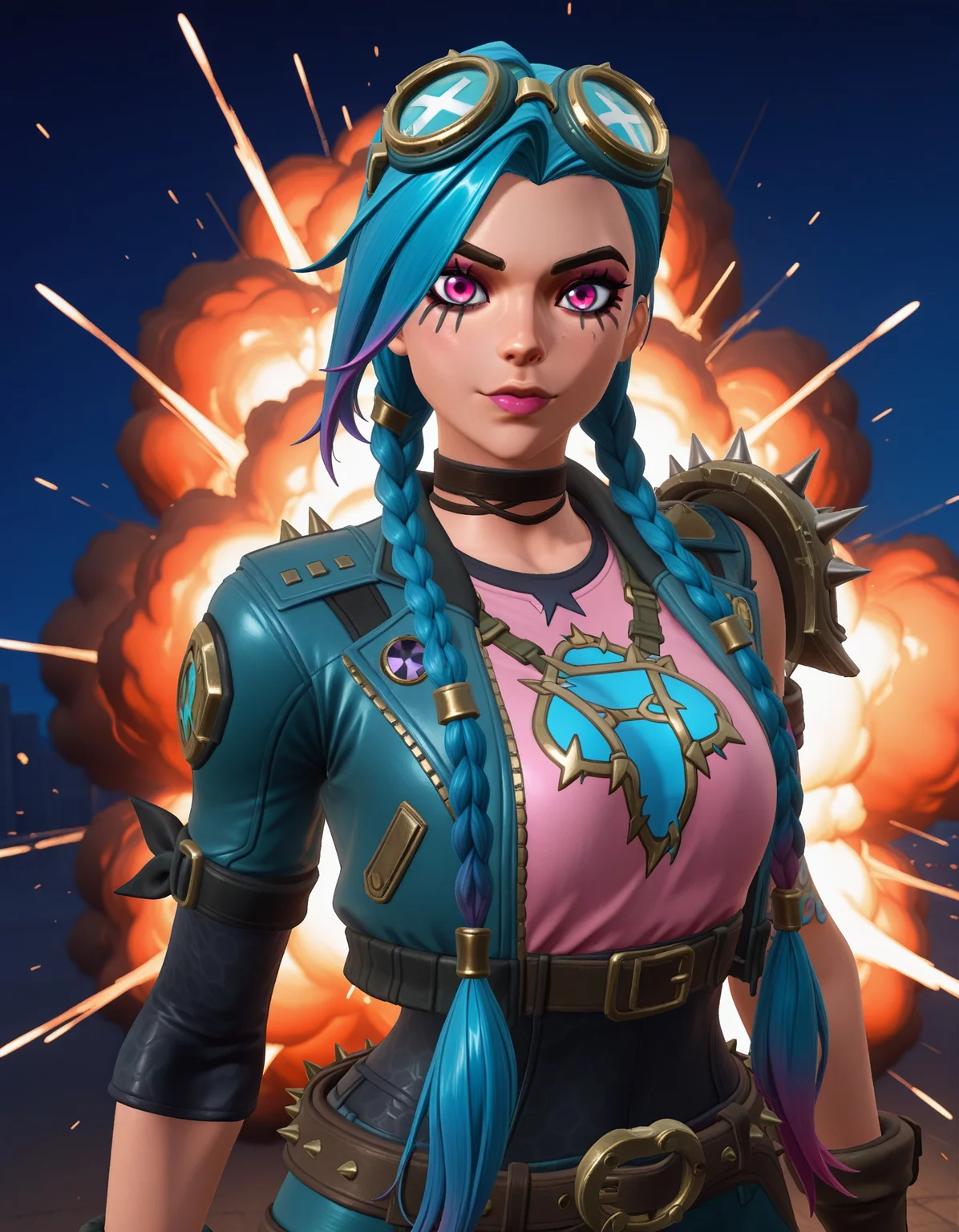 masterpiece, best quality, very aesthetic, absurdres, safe, best quality, very aesthetic, absurdres, newest, highest quality, 1girl, solo, long hair, looking at viewer, bangs, gloves, pink eyes, blue hair, jacket, braid, multicolored hair, black gloves, belt, twin braids, lips, makeup, explosion background, goggles, spikes, pink shirt, goggles on head, jinx (league of legends), [detailed face], [detailed eyes], 3D, Fni9 Style, <lora:7c0ca9fe-024e-4944-9ca7-779618db8079:0.9>
